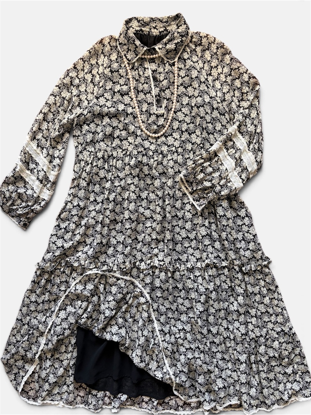 100% Silk Italian Daisy Vintage Floral Tiered Dress 36